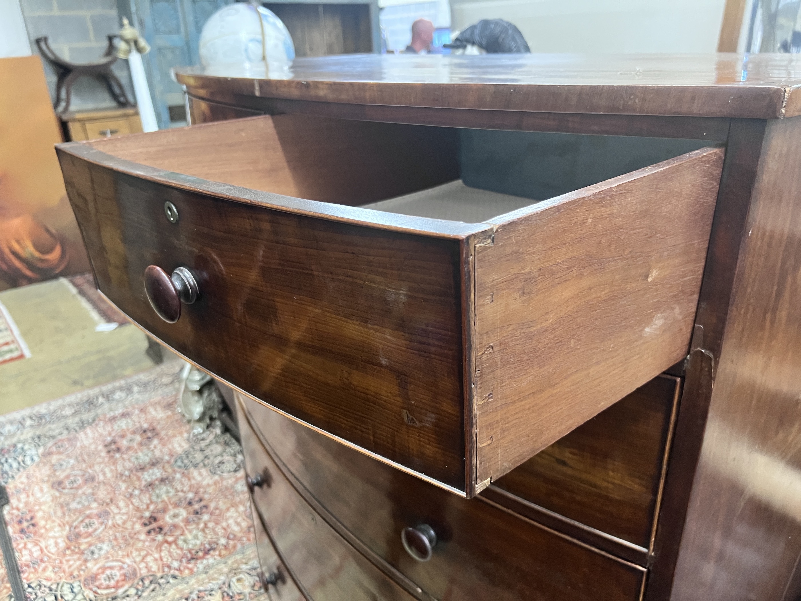 An early Victorian mahogany six drawer bowfront chest, width 121cm, depth 64cm, height 149cm